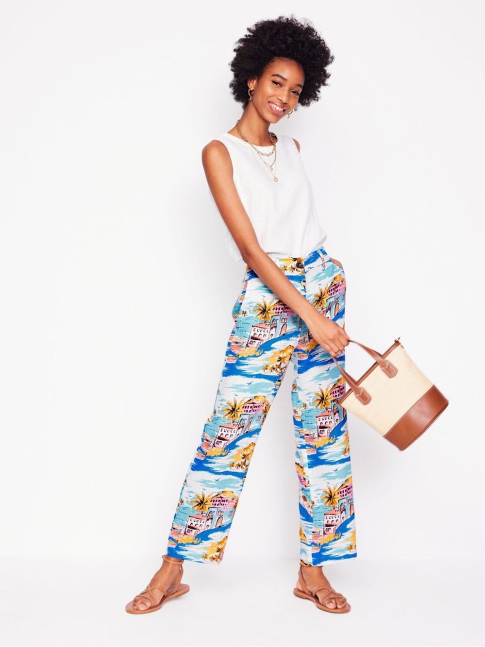 NWT Boden Westbourne Paradise Mediterranean 100% Linen Crop Trousers Size 16-18